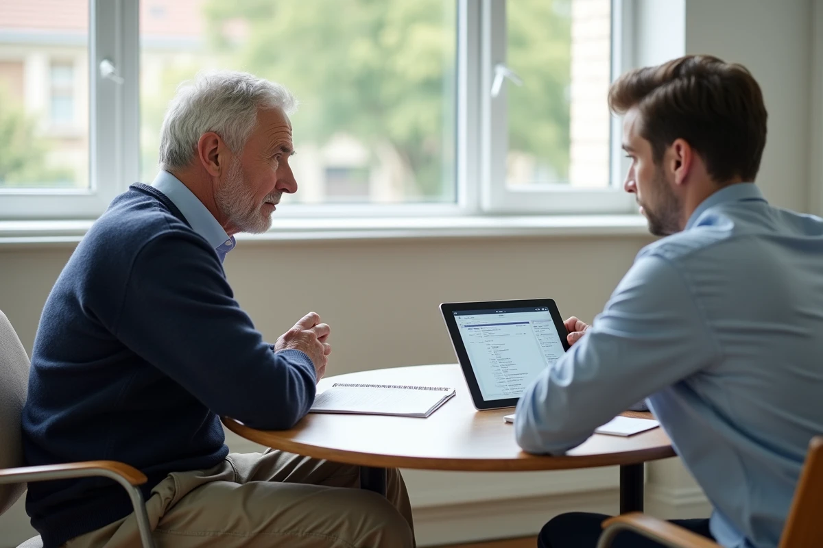 Accompagnement d'une personne âgée sous tutelle lors d'un entretien avec un mandataire judiciaire utilisant une tablette numérique