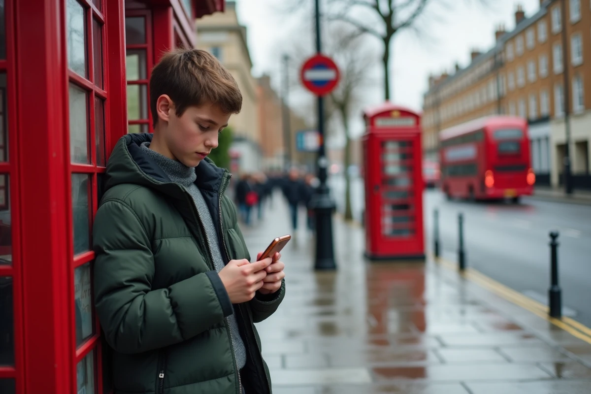Adolescent avec une valise à un arrêt de bus londonien sous la pluie, prêt pour son séjour linguistique à Londres en 2026