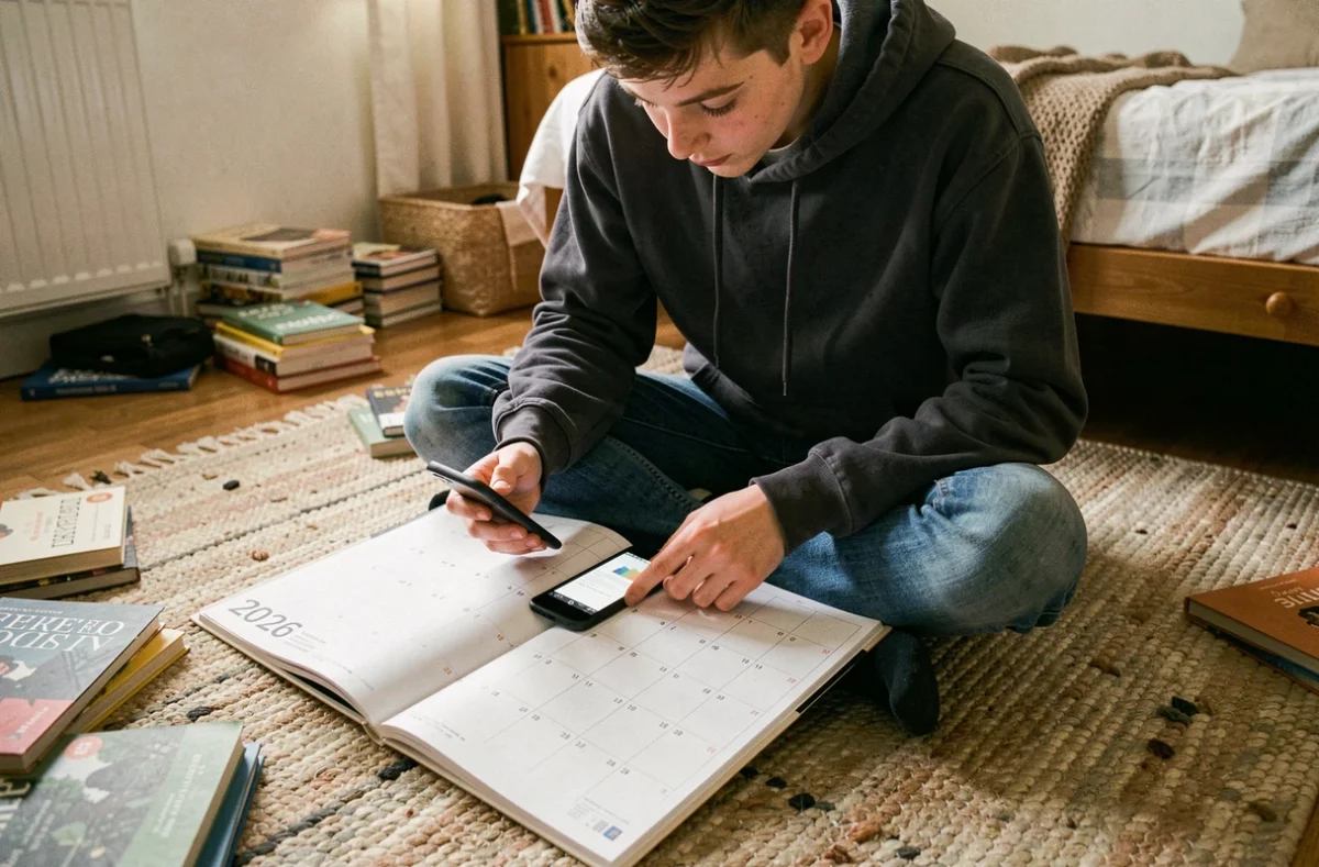 Adolescent comparant les semaines paires et impaires du calendrier 2026 avec son smartphone dans sa chambre