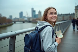 Adolescente avec un sac à dos scolaire sur le Millennium Bridge à Londres, carte de la ville en main, lors d'un séjour linguistique
