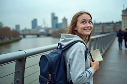 Adolescente avec un sac à dos scolaire sur le Millennium Bridge à Londres, carte de la ville en main, lors d'un séjour linguistique