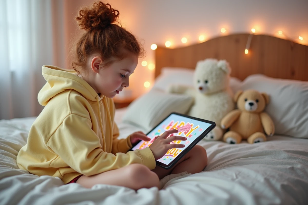 Adolescente assise sur son lit cherchant des cartes d'anniversaire animées gratuites et sans publicité sur sa tablette
