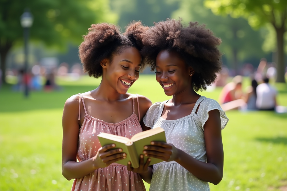 Deux adolescentes rient en partageant un livre dans un parc ensoleille