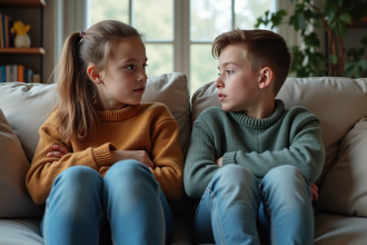 Adolescents frères et sœurs assis sur un canapé en tension