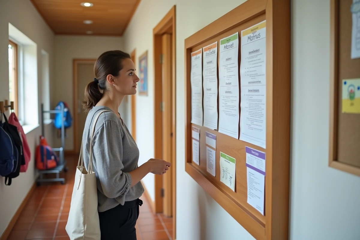 Mère lisant les horaires et tarifs affichés dans le couloir d'une garderie halte