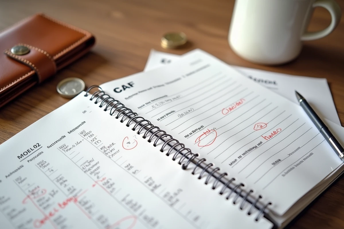 Vue de dessus d'un agenda avec des dates de versement RSA entourées, une lettre CAF et un portefeuille sur un bureau en bois