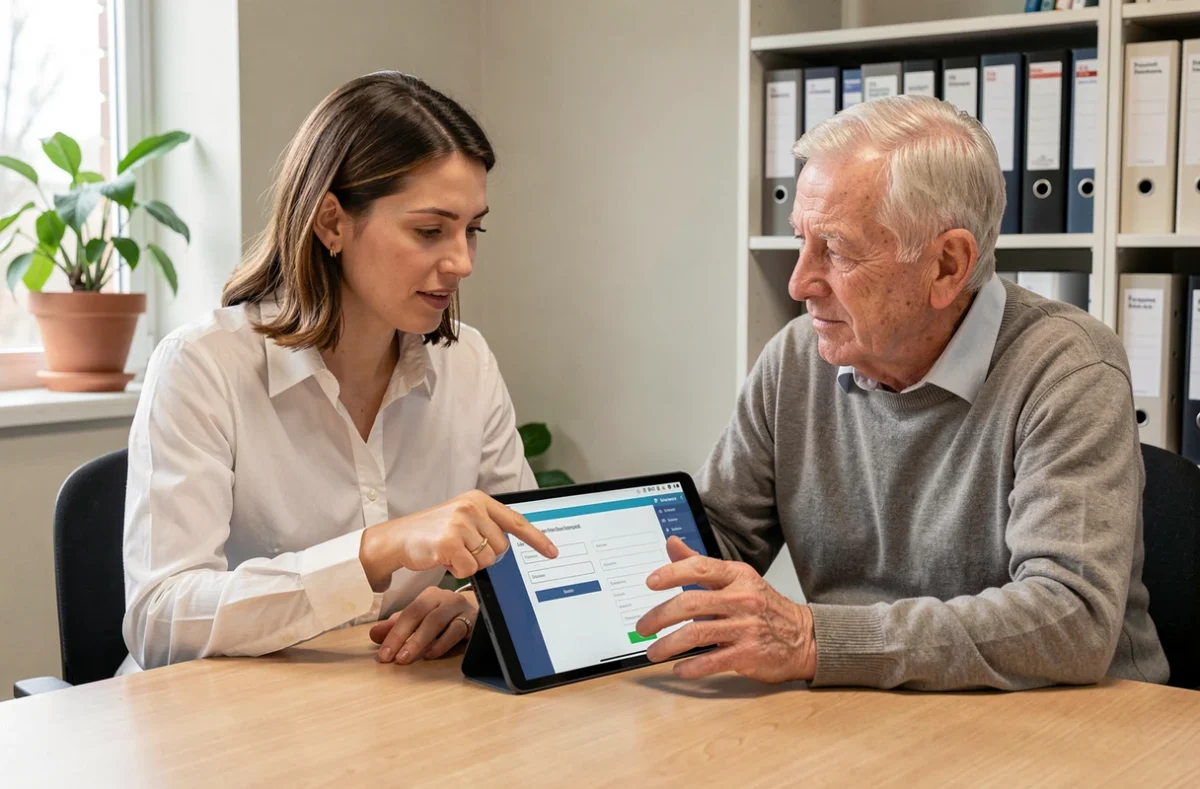 Assistante sociale aidant une personne âgée à comprendre les étapes de connexion à un compte de tutelle sur une tablette numérique