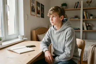 Aksel Mortensen, fils de Sara Mortensen, adolescent assis à son bureau dans sa chambre en 2026