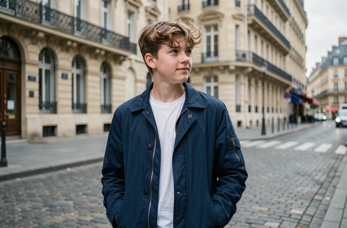 Jeune adolescent dans les rues de Paris, évoquant la vie d'Aksel Mortensen fils de l'actrice Sara Mortensen