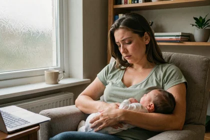 Mère allaitant son bébé tout en consultant son ordinateur portable pendant son congé maternité
