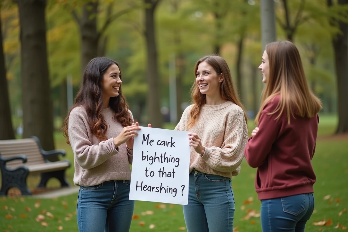 Groupe d amis surpris avec message dans un parc