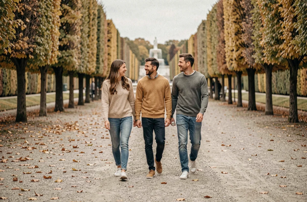 Groupe d'amis se promenant sans stress dans une allée d'un grand parc d'Île-de-France aux couleurs automnales