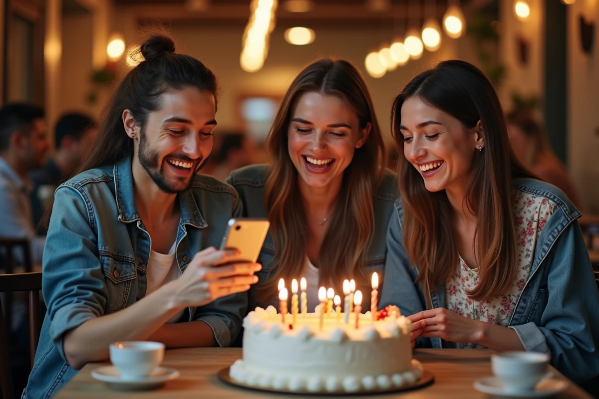 Groupe d'amis qui rient autour d'un gâteau d'anniversaire en lisant un SMS humoristique