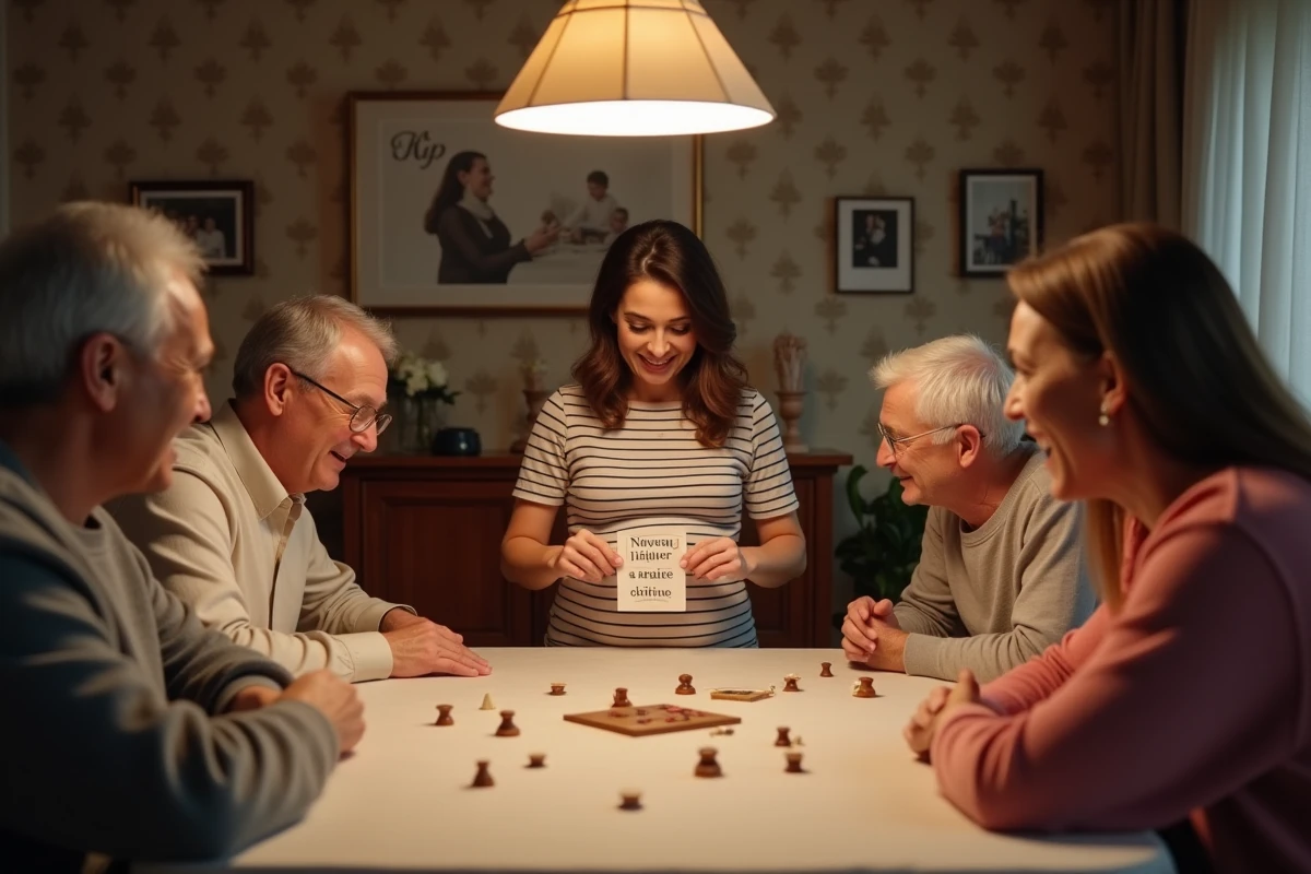 Famille réunie autour d'un jeu de société pour annoncer une grossesse avec une carte personnalisée