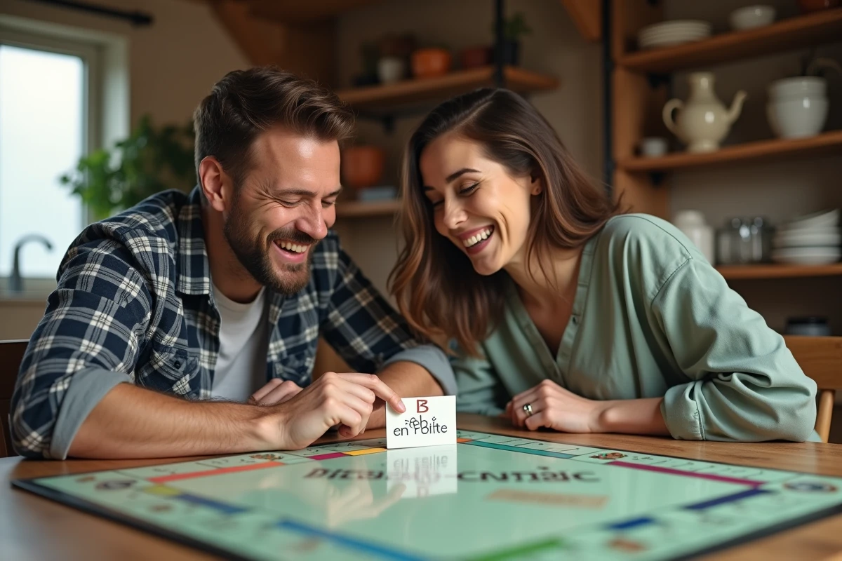 Couple découvrant une carte de Monopoly personnalisée pour annoncer une grossesse autour d'un jeu de société