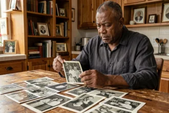 Homme tenant des archives photographiques familiales en noir et blanc sur une table en bois, regard nostalgique et introspectif