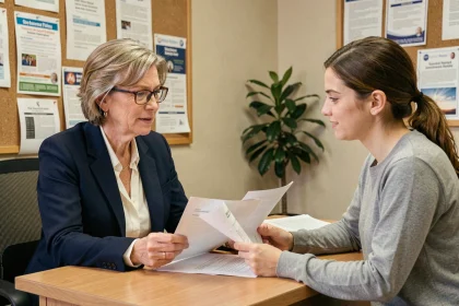Une assistante sociale en blazer marine discute avec une cliente dans un bureau de services sociaux municipaux