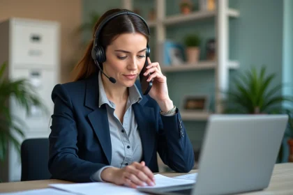 Assistante sociale au téléphone devant son ordinateur dans un bureau de services sociaux moderne