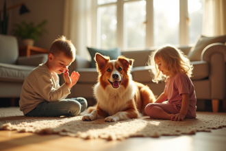 Chien australien merle rouge jouant avec des enfants dans un salon lumineux
