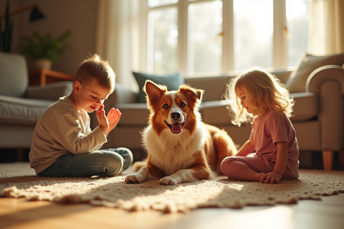 Chien australien merle rouge jouant avec des enfants dans un salon lumineux