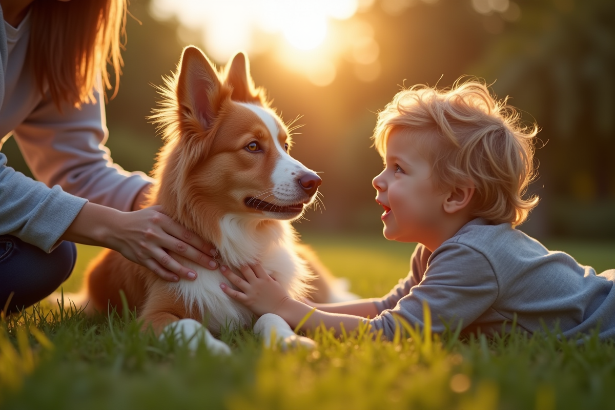 Chien australien merle rouge caresse en famille dans un jardin en fin d après midi