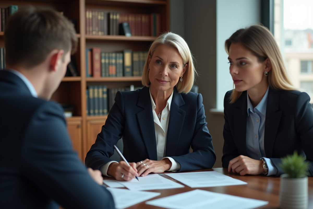 Avocate professionnelle discutant avec un jeune couple dans un bureau law