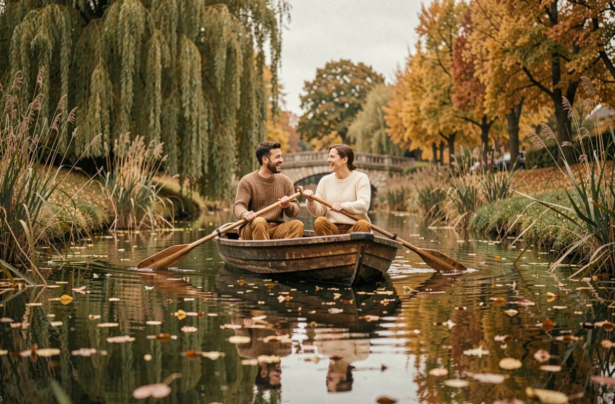 Couple en balade en barque sur un canal insolite dans le parc du Gâtinais en Seine-et-Marne