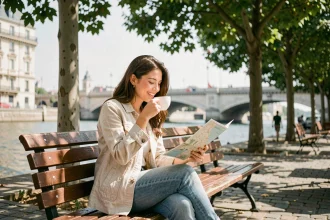 Femme détendue buvant un café en terrasse au bord de la Seine à Paris, carte touristique dépliée sur les genoux, ambiance paisible et sans stress