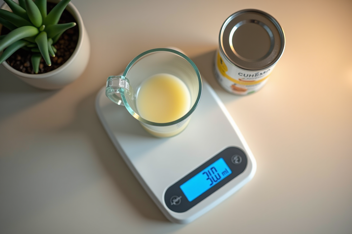 Balance numérique et tasse avec 300 ml de liquide et boîte de formule bébé