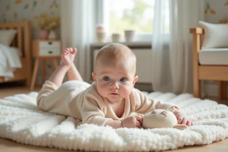 Bébé de six mois allongé sur un tapis en coton dans une nurserie