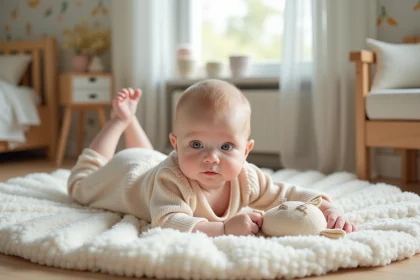 Bébé de six mois allongé sur un tapis en coton dans une nurserie