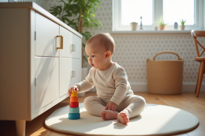 Bébé curieux jouant avec un jouet de construction dans un salon sécurisé