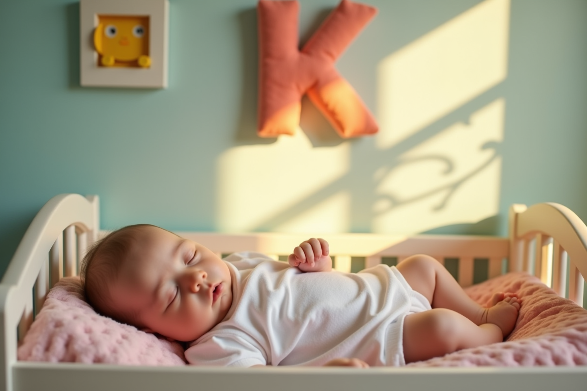 Bebe endormi paisiblement dans un lit coloré avec lettre K