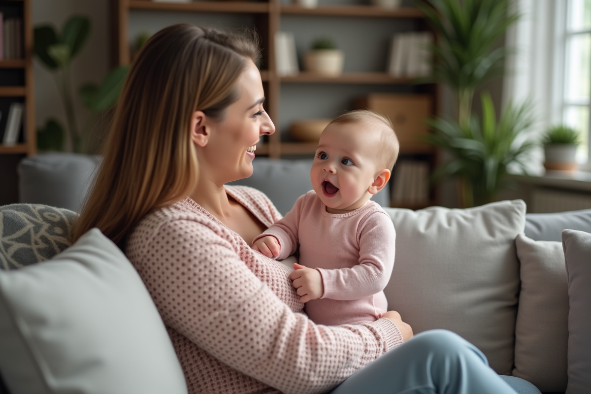 Bébé fille de 4 mois avec sa mère dans le salon
