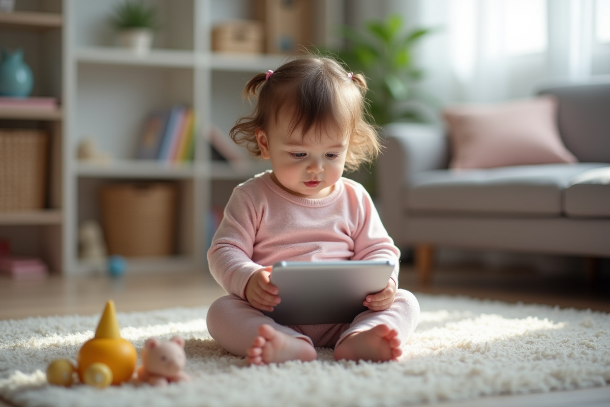Bébé fille assise avec tablette dans un salon cosy