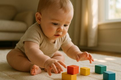 Photo hyperrealiste d'un bébé jouant avec des blocs en bois colorés