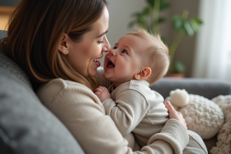 Bébé de 5 mois souriant avec sa mère en intérieur