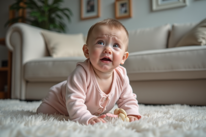 Bebe fille de six mois mordillant un jouet en silicone dans un salon