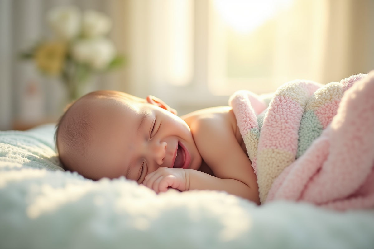 Bébé nouveau-né souriant dans un lit en lumière naturelle