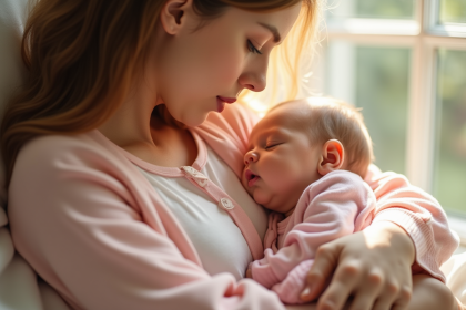 Bébé nouveau-né sur la poitrine de sa mère dans une lumière douce