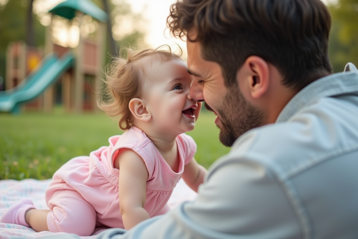 Bébé fille de 5 mois joue avec son père en plein air