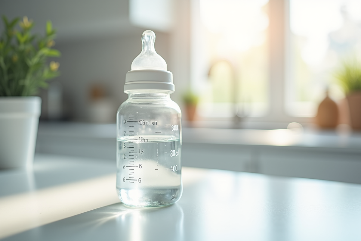 Biberon d'eau sur plan de cuisine blanc avec menisque à 300 ml