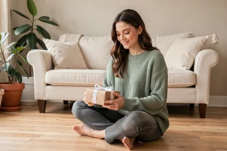 Jeune femme tenant un cadeau emballé pour annoncer sa grossesse à son conjoint, ambiance cosy et intime