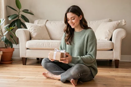 Jeune femme tenant un cadeau emballé pour annoncer sa grossesse à son conjoint, ambiance cosy et intime