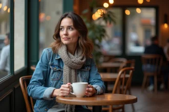 Femme assise dans un café parisien contemplant la rue
