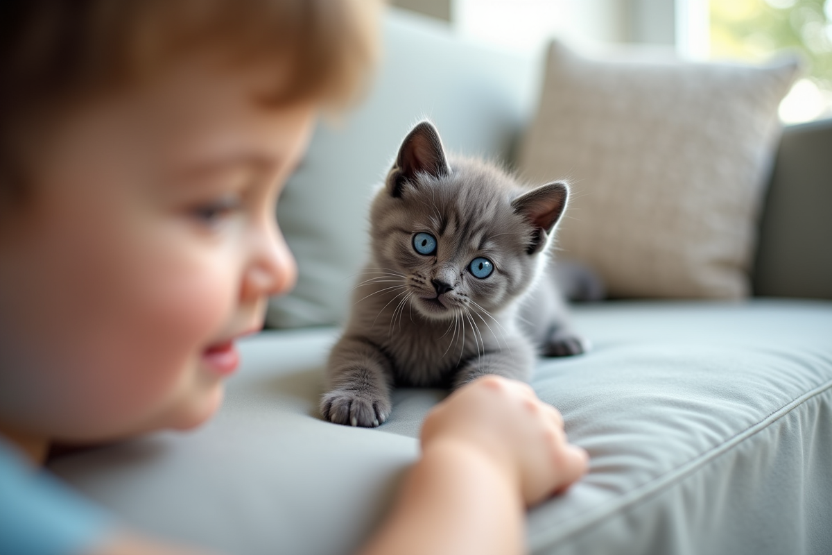Chaton gris curieux jouant avec un enfant sur un canapé lumineux