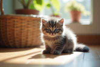 Chaton gris aux yeux bleus sur un sol en bois ensoleille