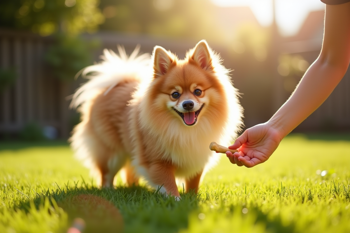 Chien german spitz jouant dans le jardin en plein soleil