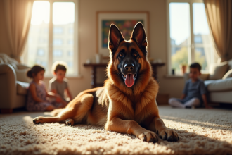 Chien mix German Shepherd et Malinois relaxant dans le salon avec enfants
