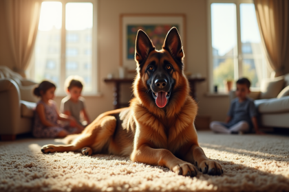 Chien mix German Shepherd et Malinois relaxant dans le salon avec enfants